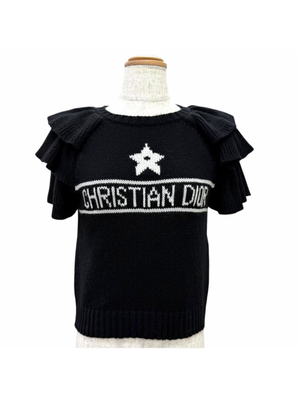Dior Cashmere 100% Logo Star Sleeve Ruffle Design Short Knit Black IT 40 Sweater